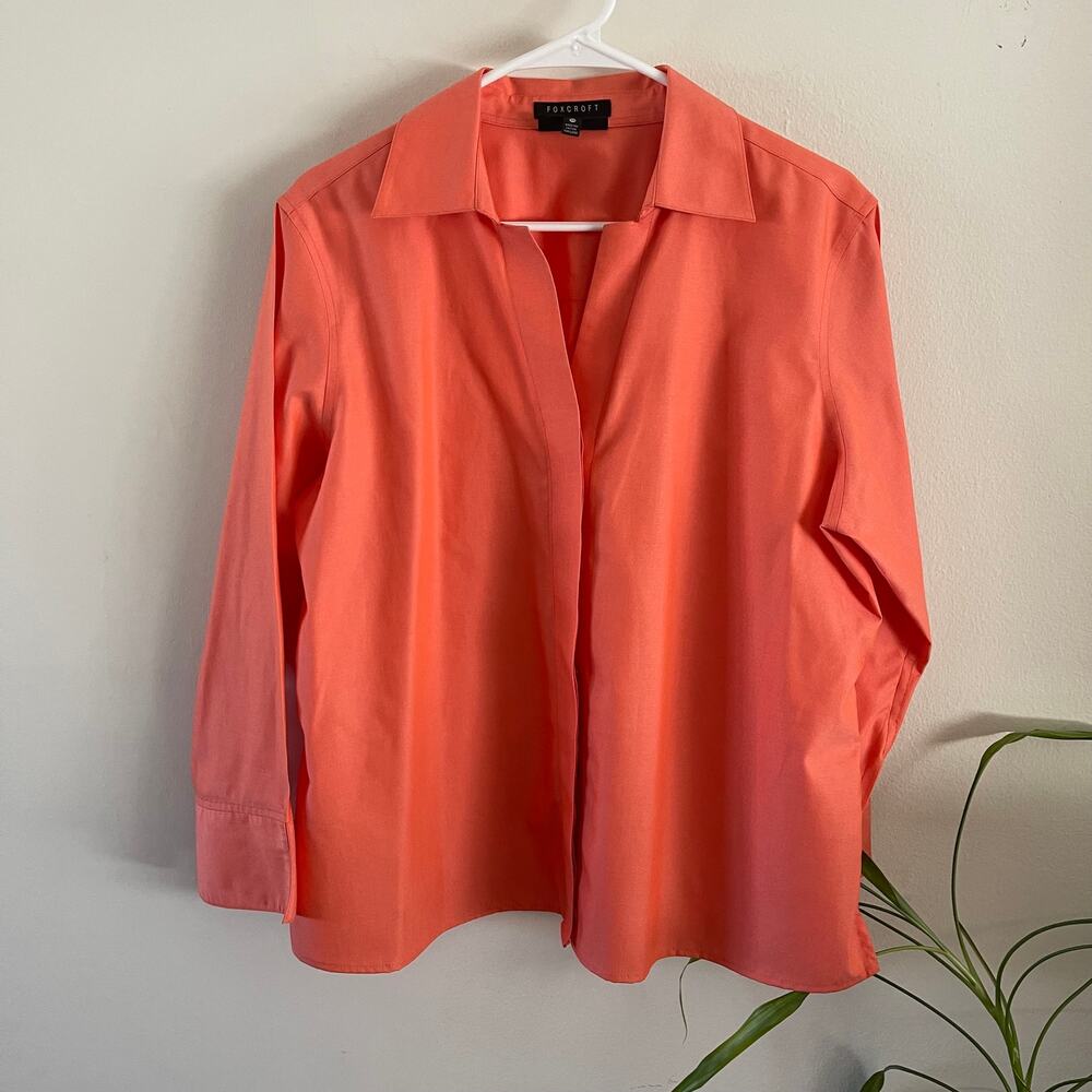 Foxcroft Shirt Womens 14W Orange Non Iron Shaped Fit Button Up Blouse Plus